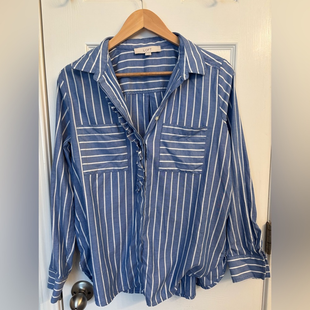 Loft Button Down Striped Ruffled Blue & White Blo… - image 2